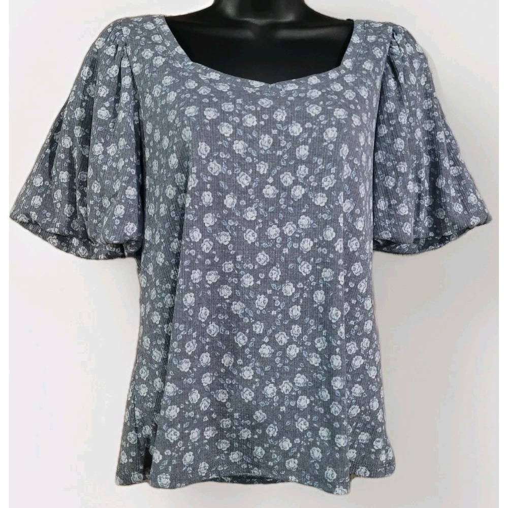 Lauren Conrad Floral Blouse Sz M Muted Blue Sweetheart Neck Puff Sleeve Feminine - Picture 2 of 13